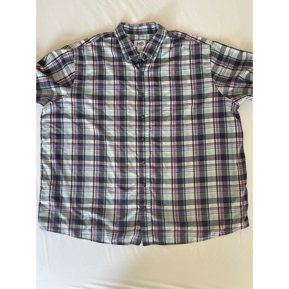 HB Mens 2XL Plaid Button Down Shirt Purple Navy Blue Long Sleeve Cotton Blend